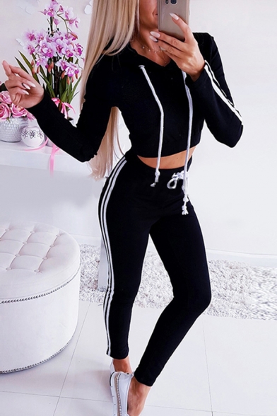 Girls' Active Long Sleeve Drawstring Striped Crop Fitted Hoodie with Skinny Sweatpants