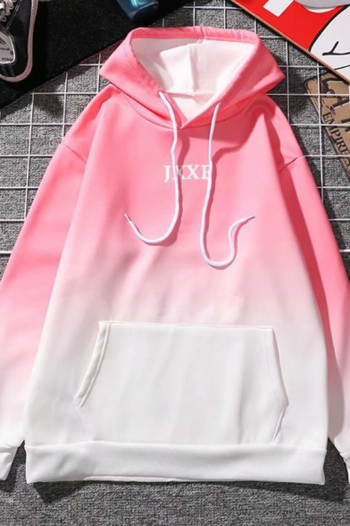 Guys Pretty Casual Long Sleeve Drawstring Letter JXXE Ombre Pouch Pocket Hoodie