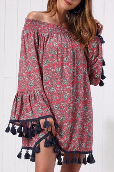 Leisure Pretty Bell Sleeve Off the Shoulder Tassel Trim All Over Floral Printed Mini Swing Dress in Burgundy