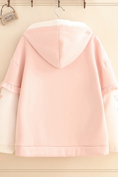 Lovely Girls' Pink Long Sleeve Strawberry Graphic Stringy Selvedge Colorblock Drawstring Hoodie