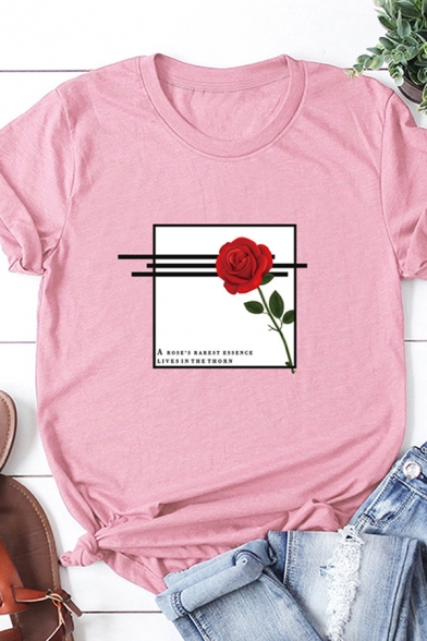 Lovely Girls Roll-Up Sleeve Round Neck Rose Graphic Relaxed Fit T Shirt