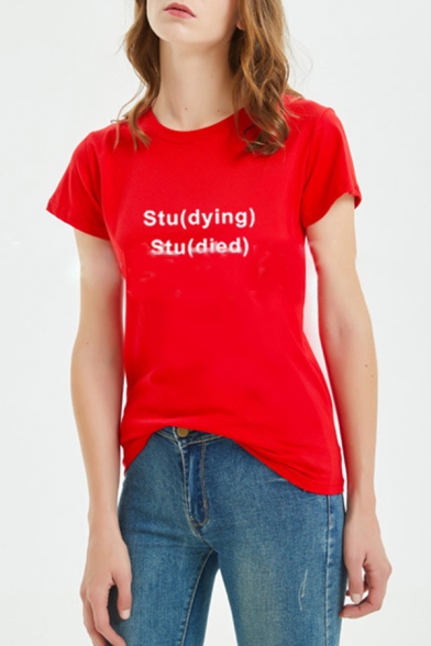 Popular Girls Short Sleeve Round Neck Letter STUDYING STUDIED Print Slim Fit Tee Top