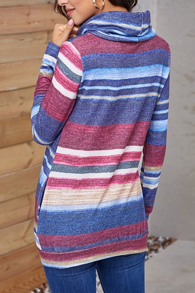 Popular Ladies' Long Sleeve Cowl Neck Drawstring Stripe Printed Slim Fit Pullover Sweatshirt