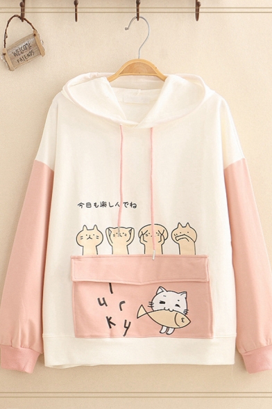 Preppy Girls' Long Sleeve Cat Printed Japanese Letter Drawstring Flap Pockets Color Block Loose Hoodie