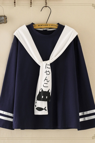Preppy Girls Long Sleeve Crew Neck Cat Graphic Tied Front Varsity Striped Loose Sweatshirt
