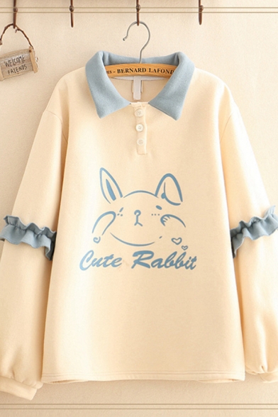 Pretty Girls Long Sleeve Lapel Neck Button Detail Stringy Selvedge Letter CUTE RABBIT Rabbit Graphic Oversize Sweatshirt