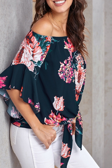 Pretty Sexy Women's Bell Sleeve Off the Shoulder All Over Floral Printed Tied Hem Loose Fit Shirt