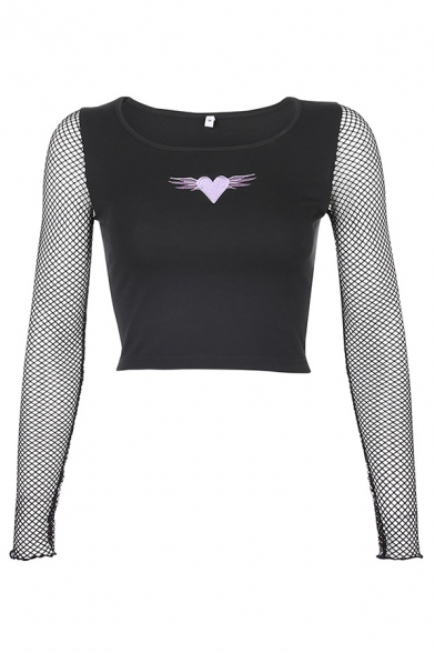 Punk Gothic Girls Long Sleeve Round Neck See-Through Fishnet Panel Heart Wings Embroidered Slim Fitted Tee in Black
