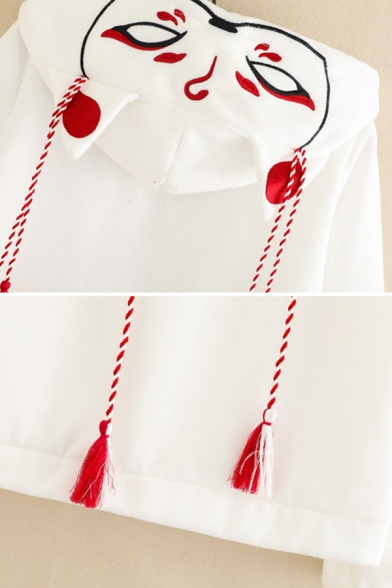 Retro Chic Long Sleeve Tassel Drawstring Tiger Embroidered Pentagram Loose Fit Ears Hoodie