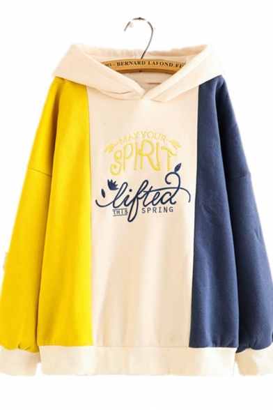 Street Trendy Girls' Long Sleeve Letter SPIRIT LIFTED Printed Colorblocked Loose Fit Hoodie in Yellow
