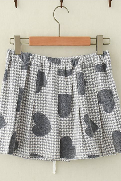 Unique Elegant Womens Bow Tied Waist Houndstooth Heart Pattern Mini Pleated A-Line Skirt in Gray