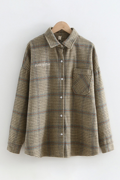 Vintage Girls' Long Sleeve Lapel Collar Button Down Pocket Patched Button Front Plaid Printed Loose Fit Wool Shirt