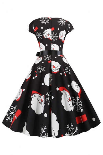 Amazing Ladies' Black Short Sleeve Round Neck Bow Tie Waist Santa Claus Bear Printed Maxi Pleated Swing Dress