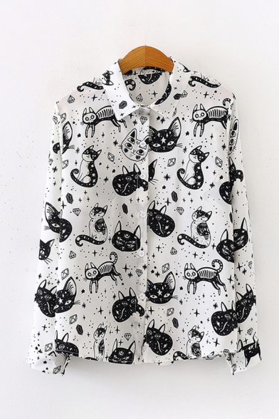 Chic Women's Long Sleeve Lapel Neck Button Front All Over Cartoon Cat Print Loose Shirt