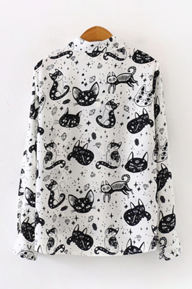Chic Women's Long Sleeve Lapel Neck Button Front All Over Cartoon Cat Print Loose Shirt