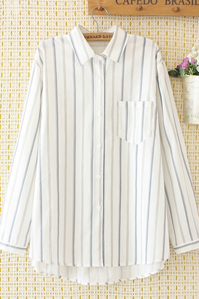Chic Womens Long Sleeve Lapel Collar Button Down Pocket Patched Striped Curved Hem Loose Shirt