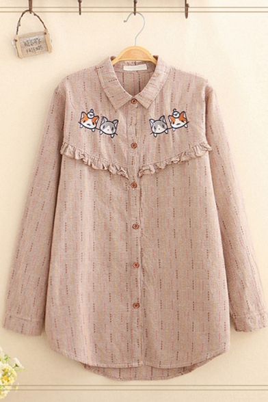 Classic Lovely Girls' Long Sleeve Lapel Neck Button Down Dogs Embroidered Stringy Selvedge Striped Long Oversize Shirt
