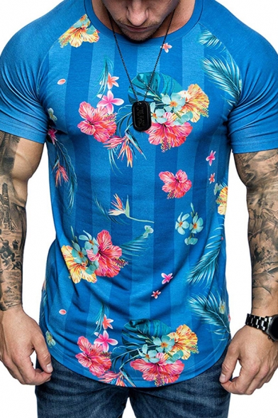 Cool Guys Short Sleeve Round Neck Flower Pattern Slim Fitted Tee Top