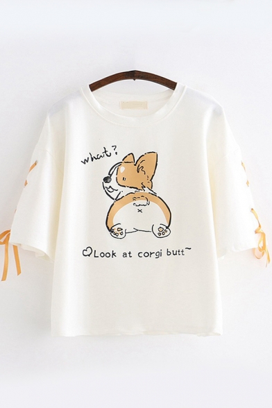 Cute Korean Girls Short Sleeve Round Neck Dog Letter LOOK AT CORGI BUTT Graphic Lace Up Relaxed T Shirt