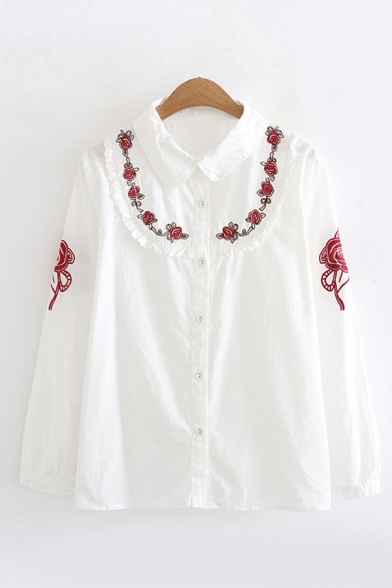 Fancy Girls Long Sleeve Lapel Collar Button Down Floral Embroidery Stringy Selvedge Relaxed Shirt in White