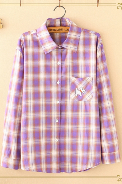 Fancy Girls Purple Long Sleeve Lapel Neck Checkered Printed Dog Pocket Panel Relaxed Shirt