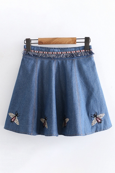 Fashion Girls Elastic Waist Bea Embroidered Fringe Mini Pleated A-Line Denim Skirt