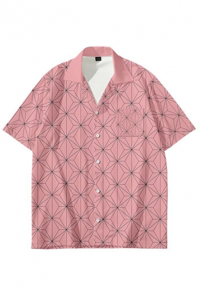 Fashionable Mens Short Sleeve Lapel Collar Button Down Geo Pattern Patchwork Oversize Shirt