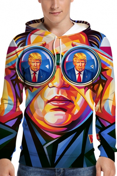 Funny Trendy Unisex Long Sleeve Drawstring Trump 3D Printed Loose Fitted Hoodie in Blue