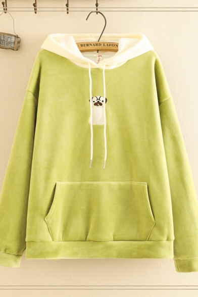 Girls' Lovely Long Sleeve Drawstring Dog Embroidery Pouch Pocket Loose Hoodie
