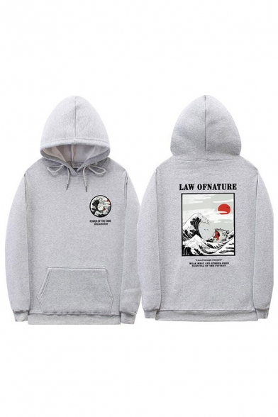 Hip Hop Boys Long Sleeve Drawstring Letter LAW OF NATURE Wave Graphic Pouch Pocket Loose Hoodie