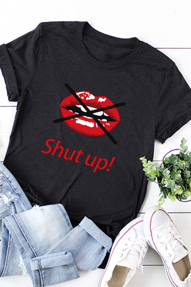 Korean Girls Roll Up Sleeve Crew Neck Letter SHUT UP Mouth Graphic Relaxed Tee