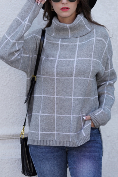 Ladies' Chic Long Sleeve Turtle Neck Checkered Pattern Slit Side Relaxed Fit Sweater Top