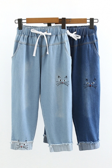 Leisure Womens Drawstring Waist Cat Embroidered Cuffed Relaxed Ankle Jeans