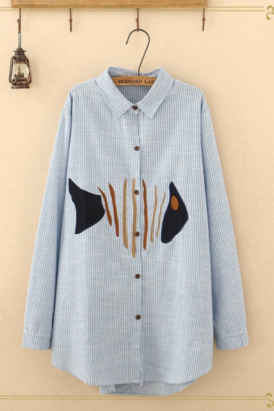 Leisure Womens Long Sleeve Lapel Button Button Front Fish Embroidery Striped Long Oversize Shirt