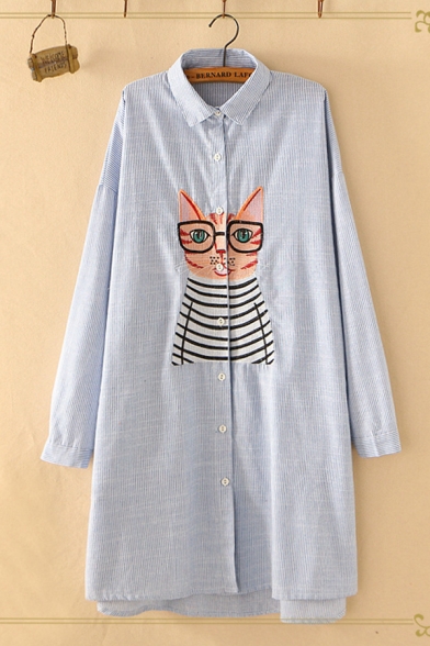 Leisure Womens Long Sleeve Lapel Collar Button Down Funny Cat Embroidered Striped Longline Loose Fit Shirt
