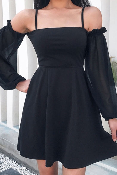 Lovely Fancy Long Sleeve Cold Shoulder Lace Up Back Lace Patched Short Pleated A-Line Dress in Black
