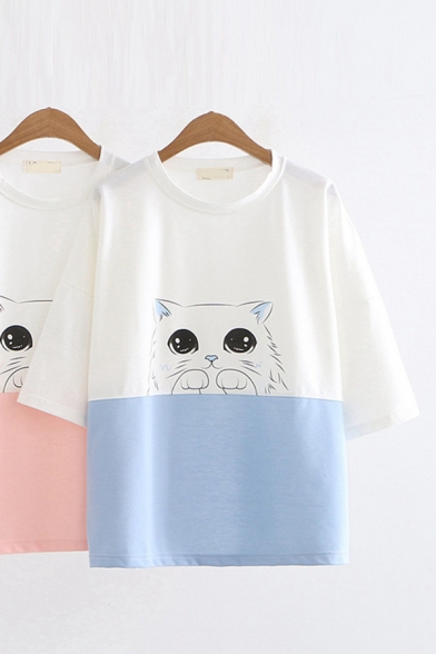 Lovely Girls Short Sleeve Round Neck Cat Printed Color Block Loose Fit T Shirt