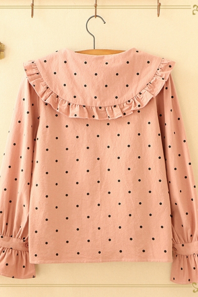 Lovely Stylish Ladies Long Sleeve Peter Pan Collar Button Down Polka Dot Print Stringy Selvedge Relaxed Fit Shirt in Pink