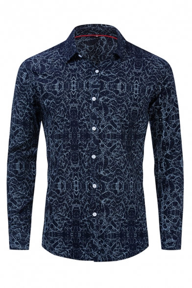 Popular Mens Long Sleeve Lapel Neck Button Down All Over Floral Printed Relaxed Fit Shirt in Navy