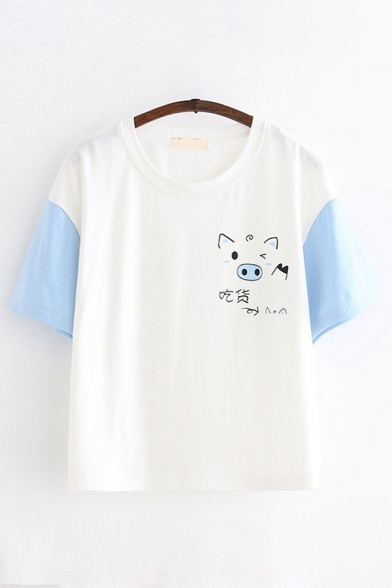 Preppy Girls Short Sleeve Round Neck Chinese Letter Pig Graphic Colorblock Relaxed Fit T Shirt