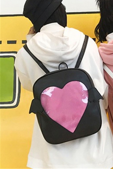 Preppy Looks Sheer Heart Wings Panel PU Leather Backpack