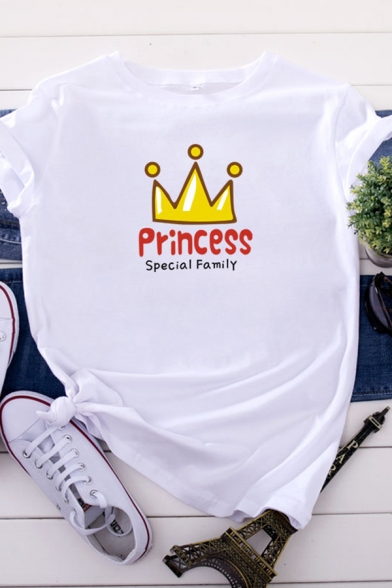 Pretty Girls Roll Up Sleeves Round Neck Letter PRINCESS Crown Graphic Slim Fit T Shirt