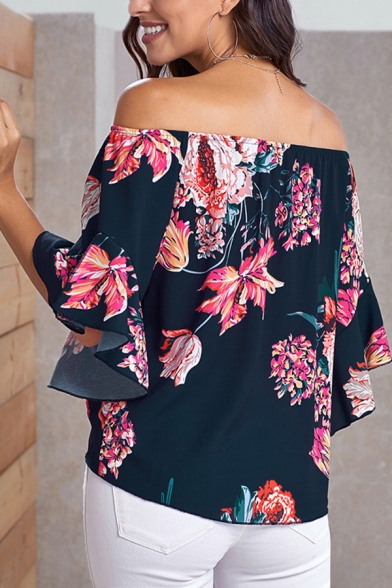 Pretty Sexy Women's Bell Sleeve Off the Shoulder All Over Floral Printed Tied Hem Loose Fit Shirt