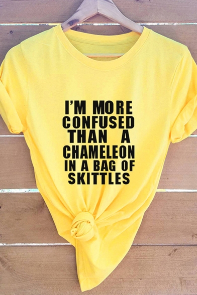 Simple Womens Roll Up Sleeve Crew Neck Letter I'M MORE COMFUSED THAN A CHAMELEON IN A BAG OF SKITTLES Printed Loose Tee