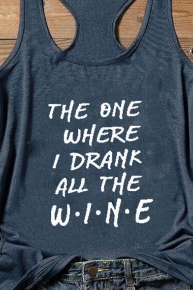 Simple Womens Sleeveless Round Neck Letter THE ONE WHERE I DRANK ALL THE WINE Relaxed Tank Top