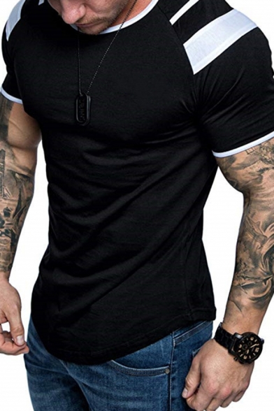 Stylish Mens Short Sleeve Round Neck Constrasted Curved Hem Fitted T-Shirt