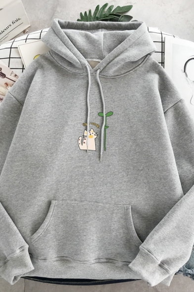 Stylish Street Long Sleeve Drawstring Cat Bud Graphic Pouch Pocket Loose Fit Hoodie for Women