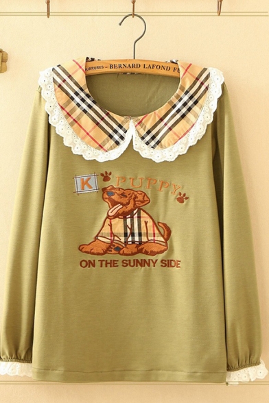 Unique Ladies Long Sleeve Peter Pan Collar Plaid Pattern Lace Trim Letter PUPPY Dog Embroidered Loose Fit T Shirt