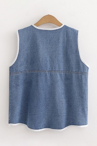 Womens Sleeveless Round Neck Button Detail Pocket Patched Relaxed Fit Denim Tank Top in Blue