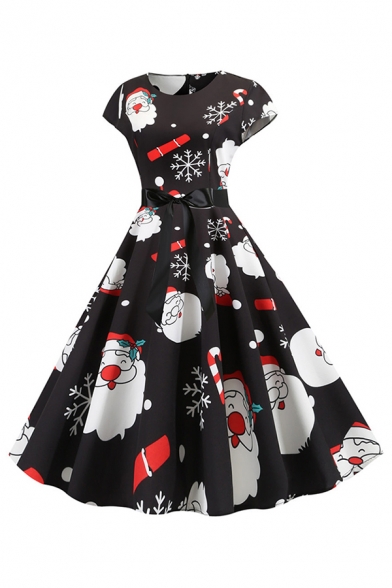 Amazing Ladies' Black Short Sleeve Round Neck Bow Tie Waist Santa Claus Bear Printed Maxi Pleated Swing Dress